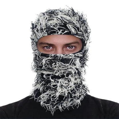 Distressed Ski Mask Balaclava, Yeat Shiesty Knitted Full-Face Mask - color: Blackwhite