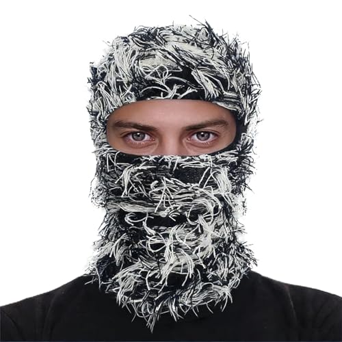 Distressed Ski Mask Balaclava, Yeat Shiesty Knitted Full-Face Mask - color: Blackwhite