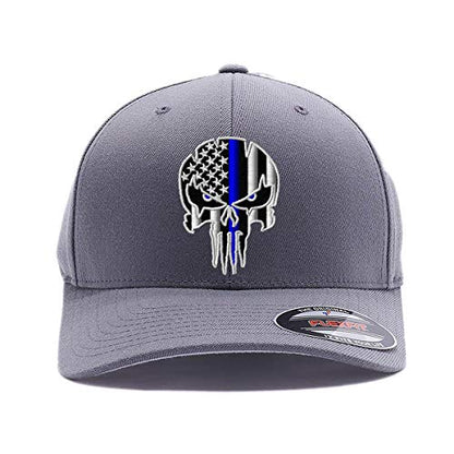 G&B Red Thin Red/Blue Line Spartan Helmet & Distressed Skull Flex Baseball Cap. Embroidered. 6277/6477 Flex Baseball Hat - color: Grey 2, size: Small-Medium