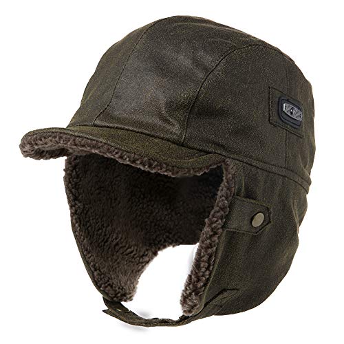 Comhats Aviator Hat Faux Leather Pilot Cap Oversize Adult Men Winter Trapper Hunting Hat 56-66CM - color: Army Green, size: Medium