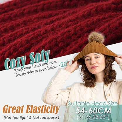 FURTALK Womens Winter Beanie Hat Satin Lined Faux Fur Pom Pom Beanies Hat for Women Winter Warm Knit Hats - color: Wine Red