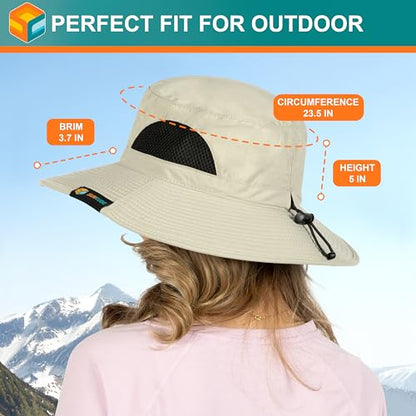 SUN CUBE Wide Brim Sun Hat for Men & Women, UPF 50+ UV Protection, Mesh Boonie Hat with Chin Strap, Fishing Hiking Hat - color: Beige