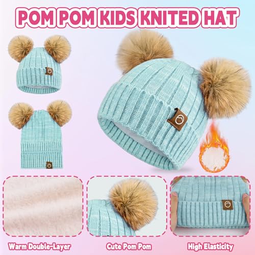 Kids Winter Hat Gloves Scarf Set Girls, Children Beanies Hats with Pom Pom - color: Mint Green Mix