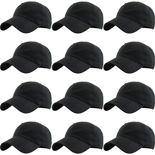 KBETHOS Classic Unisex Cotton Adjustable Low Crown Baseball Cap – Plain Dad Hat - color: Black (12 Pack)