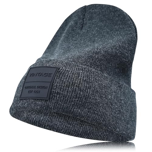 VINTAGE HAVANA Beanie for Women & Men | Thick Cuffed Knitted Winter Hat Beanies Unisex Skull Caps| Vintage Logo Patch - color: Grey
