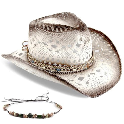 Foeran Men's Women's Straw Cowboy Hat Cowgirl Woven Sun Hat Western Cowboy Hat Two Decorative Bands - color: White-gravel