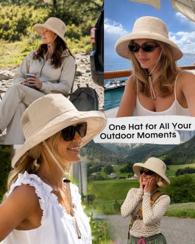 FURTALK Sun Hats for Women Wide Brim Ponytail UV Packable Hiking Travel - color: Khaki
