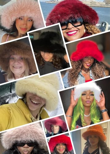 Lina & Lily Oversized Winter Faux Fur Bucket Hat for Women - Long Pile Fur Wide Moldable Brim - color: Dark Green