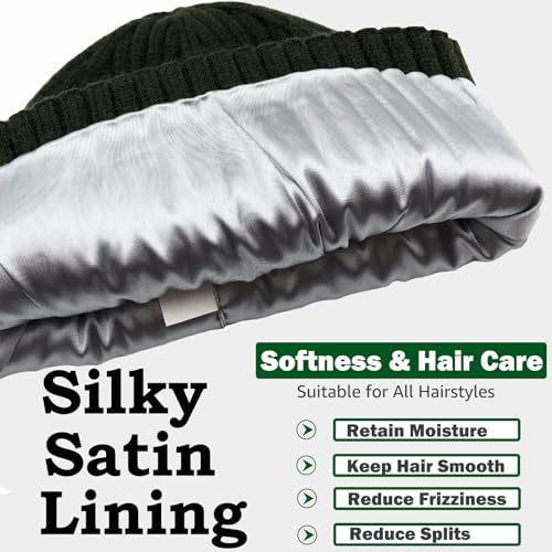 ROYBENS Womens Satin Lined Beanie for Men Wool Knit Cuffed Warm Winter Hats - color: 2pcs (Army Green+black)