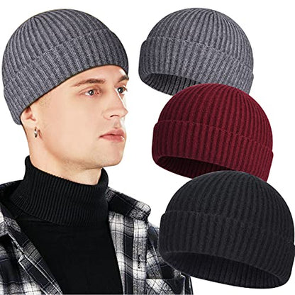 3 Pack Wool Fisherman Beanies for Men, Short Knit Watch Cap Cuffed Hats - color: G-black, Gray, Wine Red