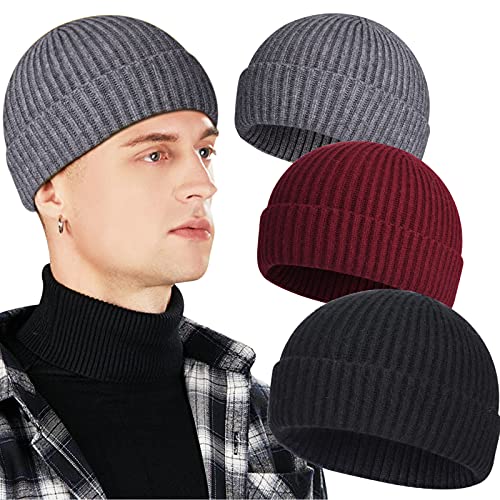 3 Pack Wool Fisherman Beanies for Men, Short Knit Watch Cap Cuffed Hats - color: G-black, Gray, Wine Red