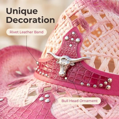 Straw Cowboy Hat for Men Women, Breathable Lightweight - color: Pink-m