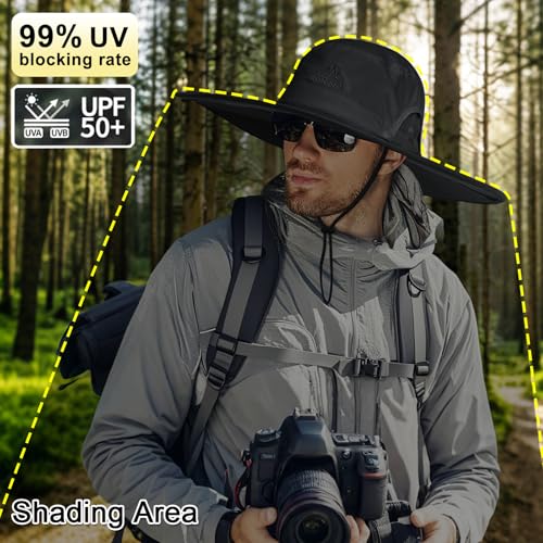 Cooltto L/XL/XXL Wide Brim Sun Hat UPF 50+ UV Protection Boonie Hat - color: Black, size: Medium-Large