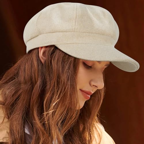 Women’s Newsboy Cap Wool Blend Retro Solid Color Girls Fashion Gatsby Cabbie Visor Beret Hat - color: Herringbone Beige