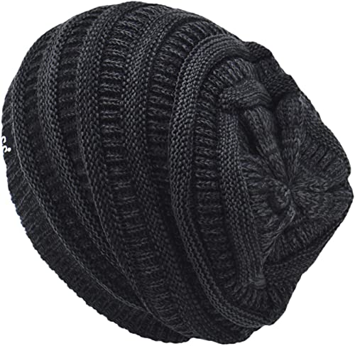 C.C Beanie Oversized Hat with Fuzzy Lining – Thick Knit Thermal Beanie for Cold Weather, Soft Warm Fleece Lined Cap - color: 2 Tone Black / Charcoal