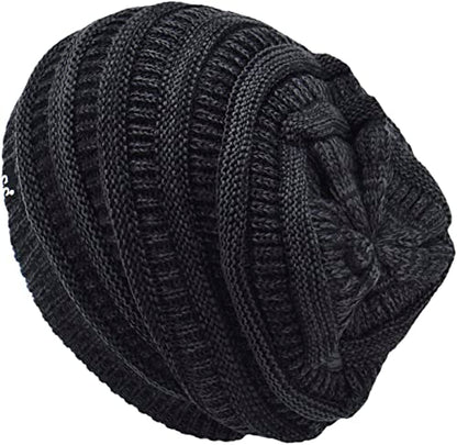 C.C Beanie Oversized Hat with Fuzzy Lining – Thick Knit Thermal Beanie for Cold Weather, Soft Warm Fleece Lined Cap - color: 2 Tone Black / Charcoal