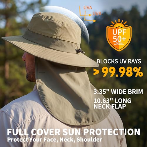Connectyle Wide Brim Sun Hat for Men Women UPF 50+ Breathable Fishing Hat with Neck Flap Outdoor Hiking Safari Bucket Hats - color: Light Khaki Green