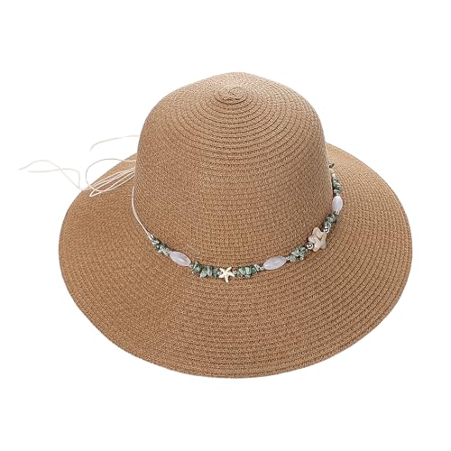 Womens Straw Sun Hat Wide Brim Summer Beach Hat with Beaded Trim Summer Foldable Floppy Hat for Travel Vacation UV Protection - color: Light Brown