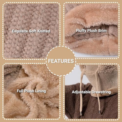 Women’s Knitted Beanie Hat with Face Cover - 3 in 1 Winter Balaclava with Mask Scarf Ear Muffs Pompom Fleece Lined Snow Caps - color: Beige-b
