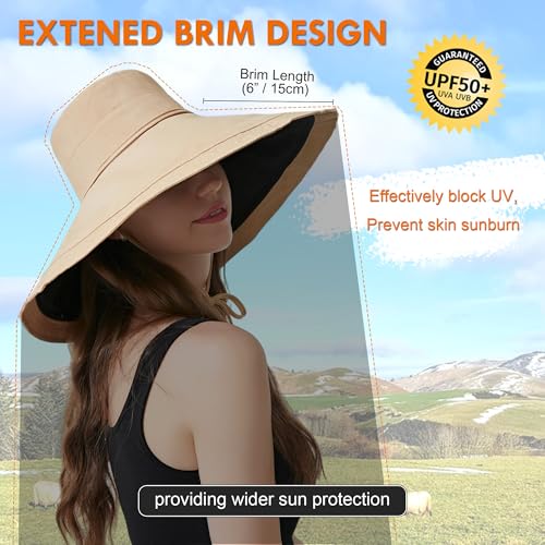 Women Bohemian Reversible Sun Hat Wide Brim Fishing Hats - color: M3016-khakiblack