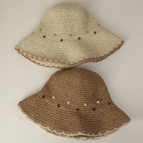 Women Straw Sun Hat Summer Beach Hats Foldable Floppy Cap Wide Brim Bucket Hat Solid Handmade Sun Protection Caps - color: Dot-khaki