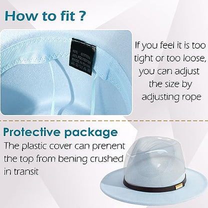 Fedora Hats for Men Wide Brim Panama Hat with Classic Belt - color: Sky Blue