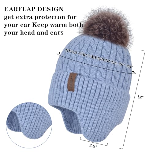 FENELY Women's Knitted Warm Beanie Winter Hat, Warm Chunky Snow Hat with Pompom - color: Blue
