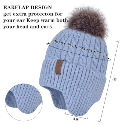 FENELY Women's Knitted Warm Beanie Winter Hat, Warm Chunky Snow Hat with Pompom - color: Blue