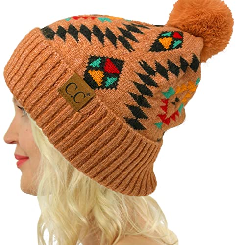 C.C Fur Pom Winter Fall Trendy Chunky Stretchy Cable Knit Beanie Hat - color: Aztec Desert Sand