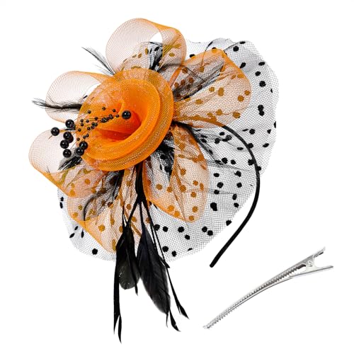 Century Star 2026 Kentucky Hat Derby Fascinator for Women Tea Party Flower Mesh Ribbons Feathers Headband Hair Clips - color: Orange Black
