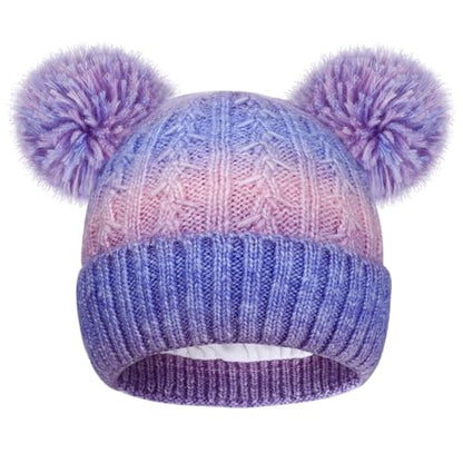 Girls Rainbow Pom Pom Beanies Hats Winter Knit Fleece Lined Beanie Hat for Kids Outdoor Snow Ski Skull Cap Age 7-12 - color: Pompom-multicolor 02(fleece Lined)
