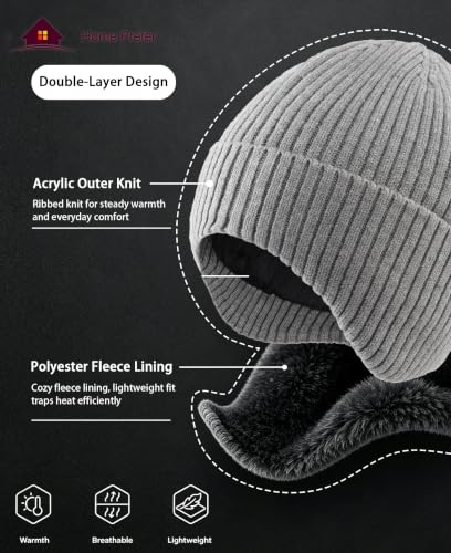 Home Prefer Fleece Lined Rib Knit Cuffed Beanie with Earflaps for Men Women - color: Light Grey