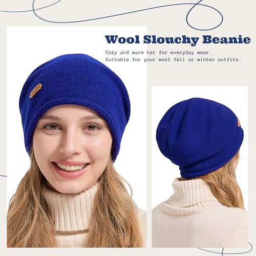 ACUSHLA 100% Merino Wool Slouchy Beanie for Women Men Winter Hat Skull Cap - color: Blue