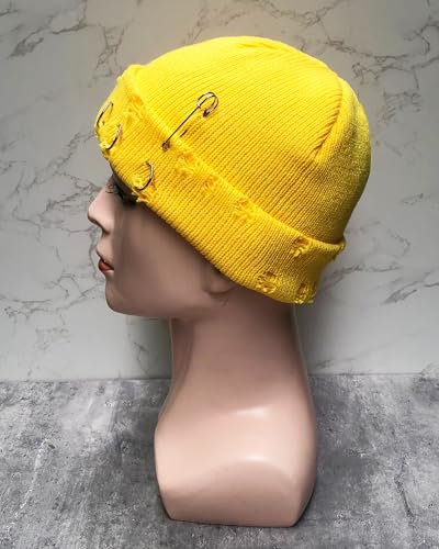 Unisex Adult Hip-hop Distressed Beanie with Iron Ring Punk Grunge Knitted Ripped Hat - color: Red