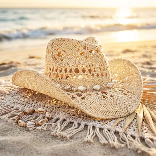 Keilin Cowboy Hats for Women and Men - Straw Teardrop Western Cowgirl Cowboy Sun Hat for Teens and Adults - color: Beige Braided Sea Shell