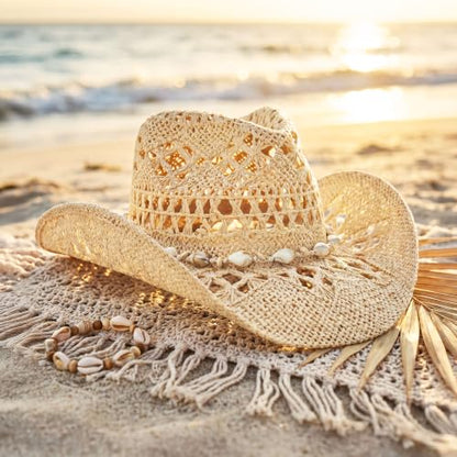 Keilin Cowboy Hats for Women and Men - Straw Teardrop Western Cowgirl Cowboy Sun Hat for Teens and Adults - color: Beige Braided Sea Shell
