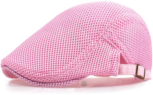 Xinveen Men's Mesh Cap Breathable Summer Newsboy Hat Adjustable Beret Ivy Cap Irish Cabbie Driving Hunting Hats - color: Pink