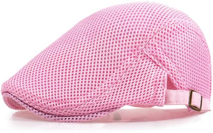 Xinveen Men's Mesh Cap Breathable Summer Newsboy Hat Adjustable Beret Ivy Cap Irish Cabbie Driving Hunting Hats - color: Pink