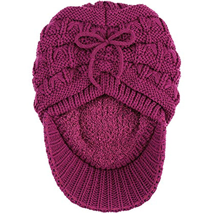 BYOS Womens Winter Chic Cable Warm Fleece Lined Crochet Knit Hat W/Visor Newsboy Cabbie Cap - color: Basket Woven-magenta Pink