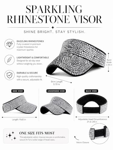 Women Shiny Rhinestone Bling Sun Visor Adjustable Tennis Beach Ponytail Hat - color: Black Hat+white Rhinestone