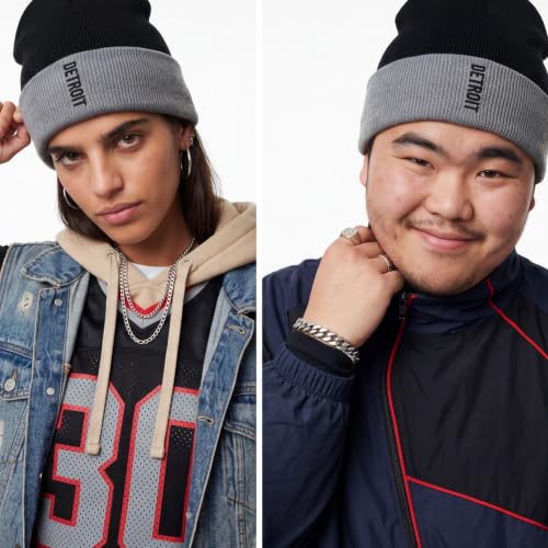 Daxton Vertical USA Cities Cuffed Beanie, Winter Knit Hat Skully Cap for Men Women, City Pride Daily Headwear - color: Detroit Black Grey Black