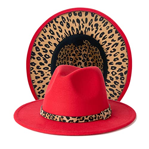Women Two Tone Wide Brim Fedora Felt Panama Hat - color: Square Buckle-red Leopard