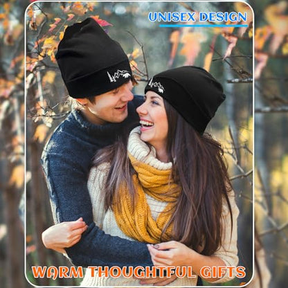 Black Knit Beanie Hat for Men Bear Classic Adult Beanie Cap Winter Warm Knitted Hat for Men Women Skull Hip Hop Cap for Men - color: Bear & Mountain