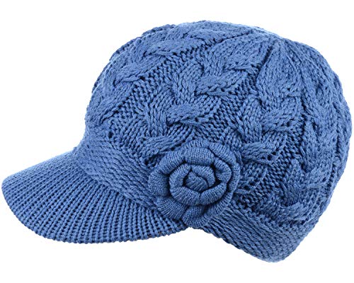 Womens Winter Elegant Cable Flower Knitted Newsboy Cabbie Cap Beret Beanie Hat with Visor, Warm Plush Fleece Lined - color: Denim Blue Cable Flower