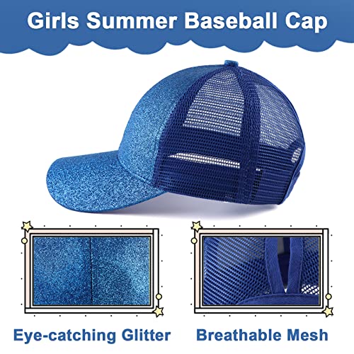 Zsedrut Girls Glitter Baseball Cap Kids Adjustable Ponytail Hat Toddler Summer Mesh Trucker Hats - color: Royalblue