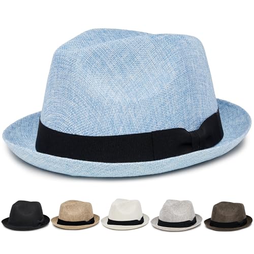 Funky Junque Men's Panama Porkpie Fedora, Linen Summer Beach Hat - color: Light Blue, size: Small-Medium