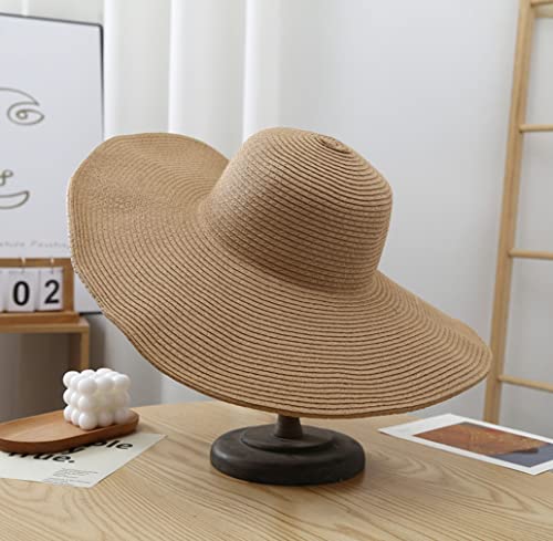 Big Beach Hats for Women Foldable Summer Wide Brim Packable Oversized Sun Hat Lady Girl Travel Straw Cap - color: Light Coffee