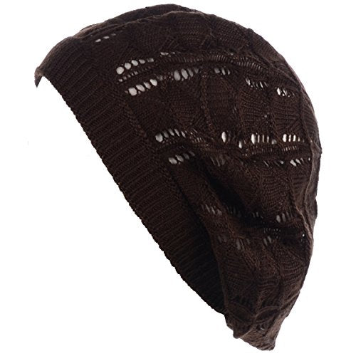 BYOS Chic Parisian Style Soft Lightweight Crochet Cutout Knit Beret Beanie Hat - color: 2-pack Wavy Stripes Brown & Black