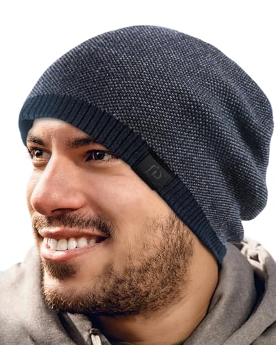 Fleece Lined Mens Beanie Scarf Set Thick Knit Winter Hat Neck Warmer Unisex - color: Navy Blue