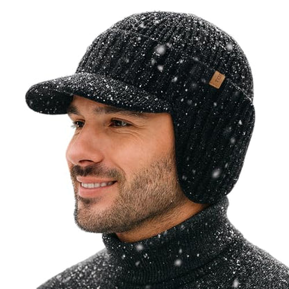 TOP-EX DryKnit™ 80% Merino Wool Waterproof Warm Brim Beanie with Ear Flaps - color: Black, size: Medium-Large